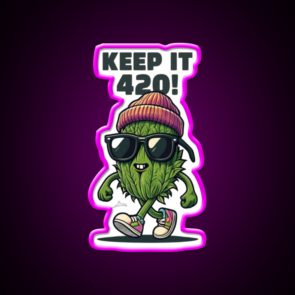 Keep It 420 Cool Walking Nug Hemp Inspired Green Leaf Led Neon Sign Rgb Color - Neon sign mounted on wall in room