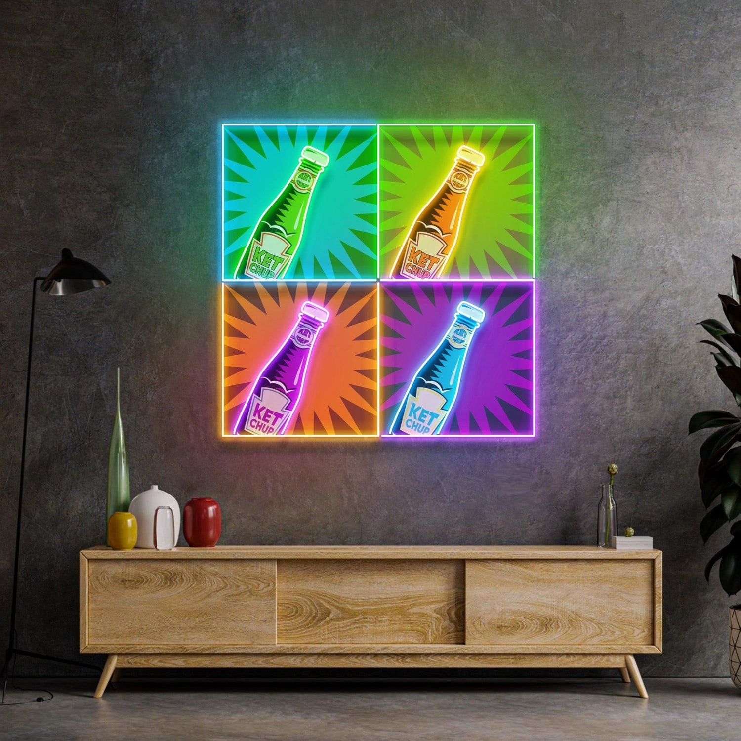 Ketchup Vibrant Uv Printed Led Neon Sign With Multicolor Bottles For Home Bar Decor | Shineneon