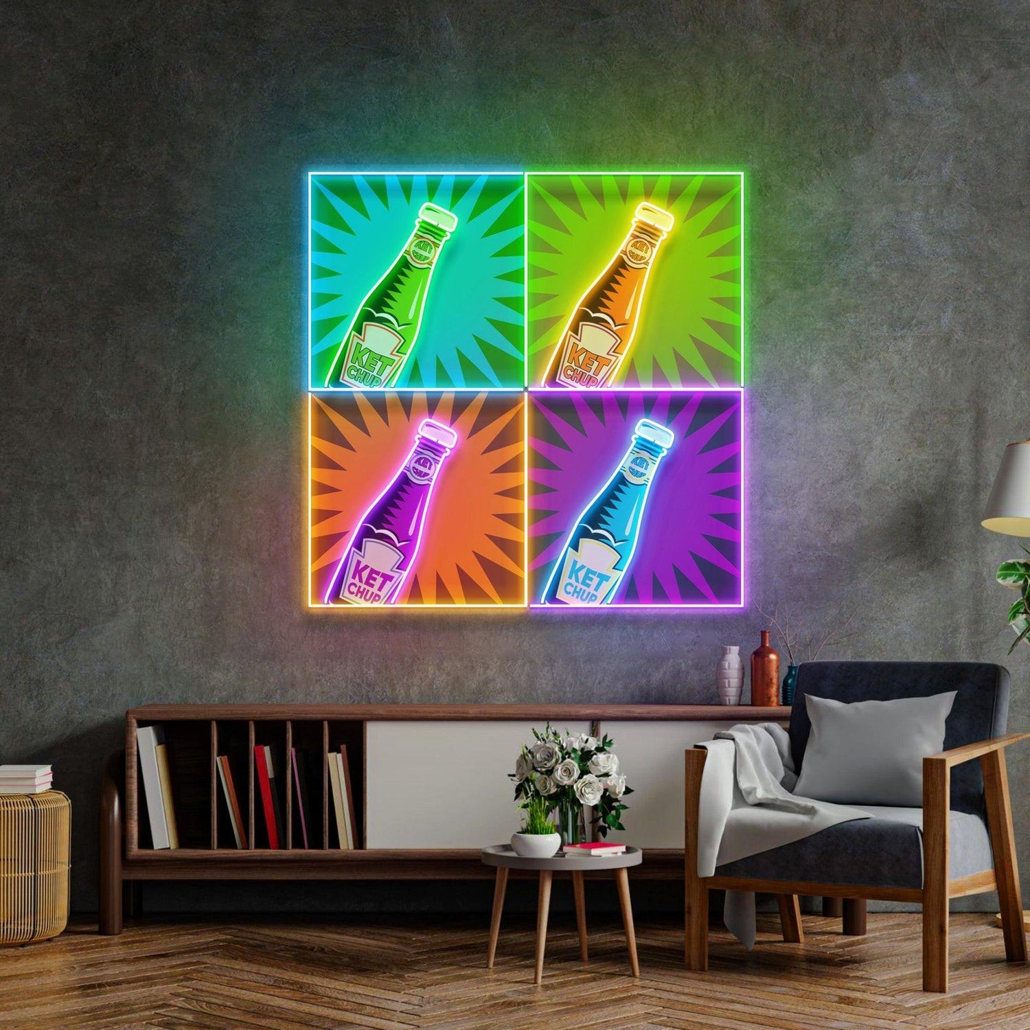 Ketchup Vibrant Uv Printed Led Neon Sign With Multicolor Bottles For Home Bar Decor | Shineneon