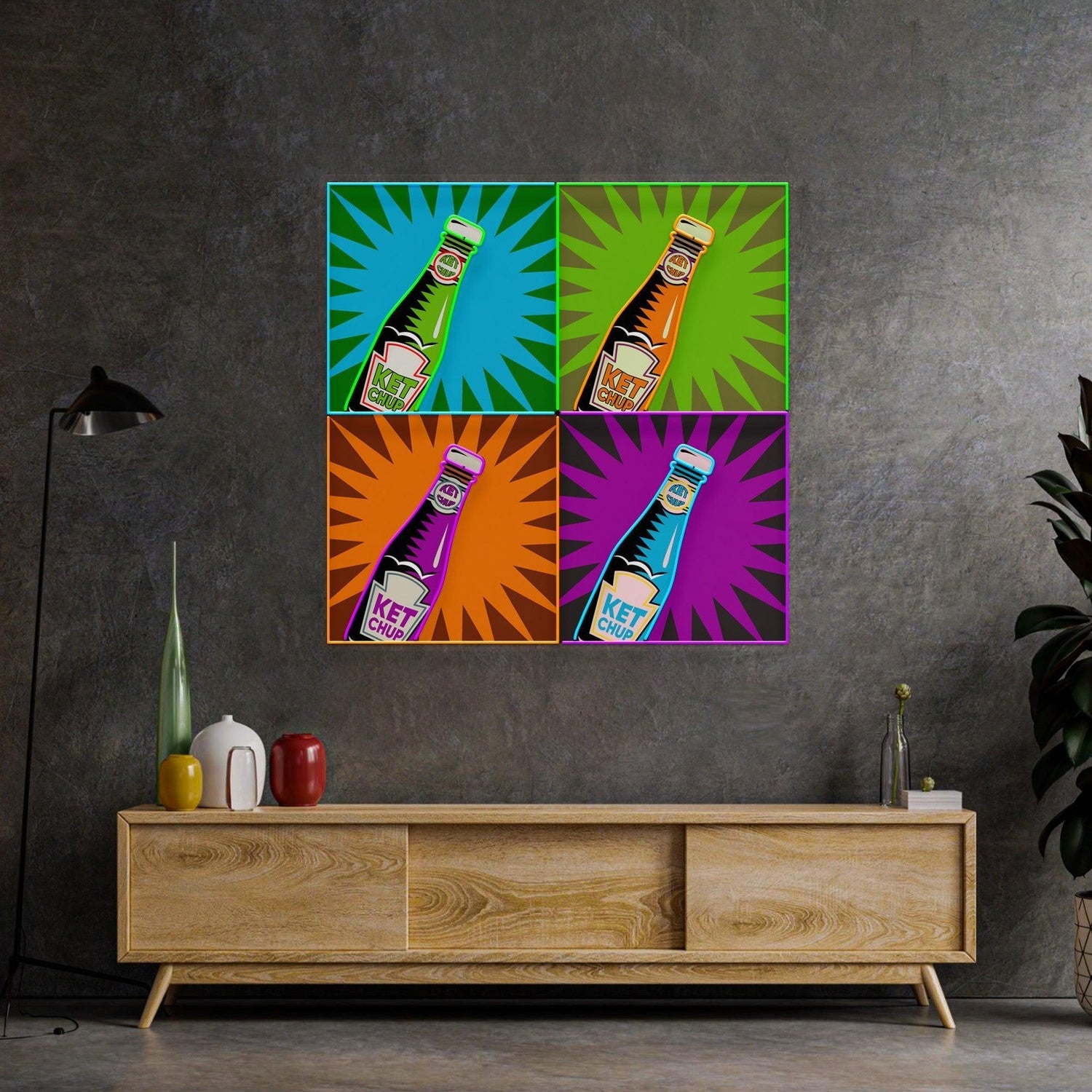 Ketchup Vibrant Uv Printed Led Neon Sign With Multicolor Bottles For Home Bar Decor | Shineneon