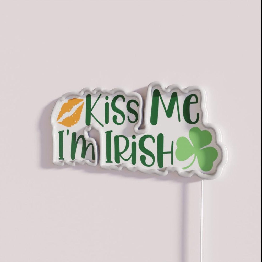 Kiss Me I M Irish Lips Happy St Patricks Day Irish Holiday Lucky Clover Rgb Led Neon Sign - Neon sign mounted on wall in room