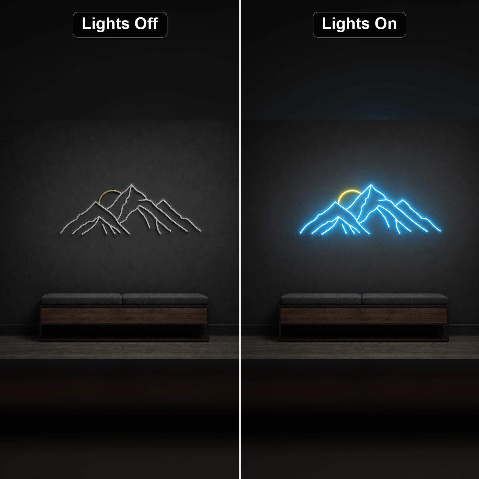 Layered Mountain Range With Rising Sun LED Neon Sign Home Garage Wall Decoration day and night comparison
