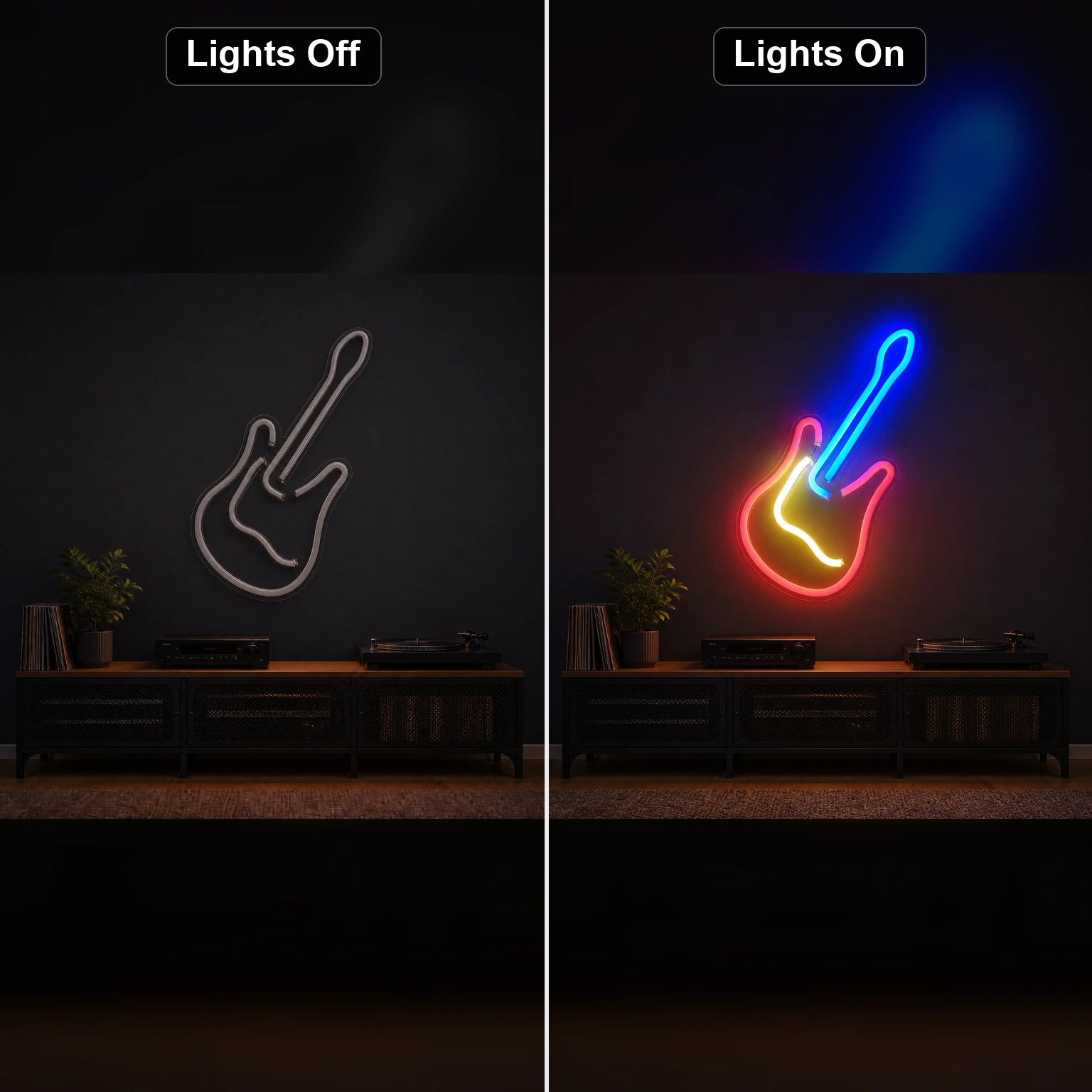 Leaning Electric Guitar LED Neon Sign Home Garage Wall Decoration day and night comparison