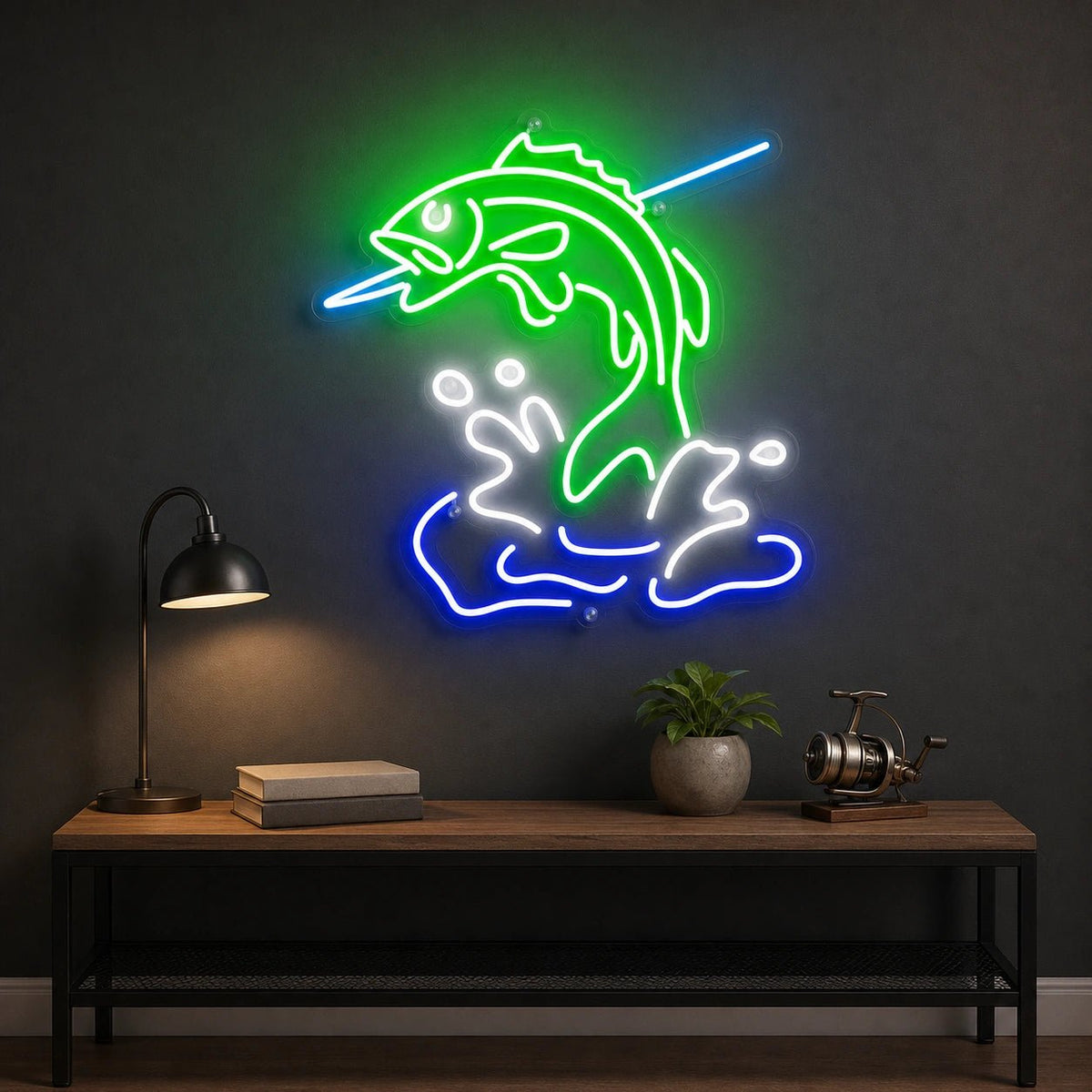 Leaping Bass Fish Over Splashing Water LED Neon Sign - Shineneon