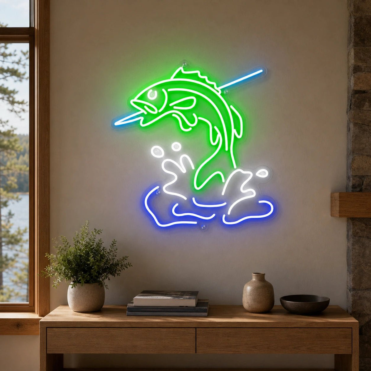 Leaping Bass Fish Over Splashing Water LED Neon Sign - Shineneon