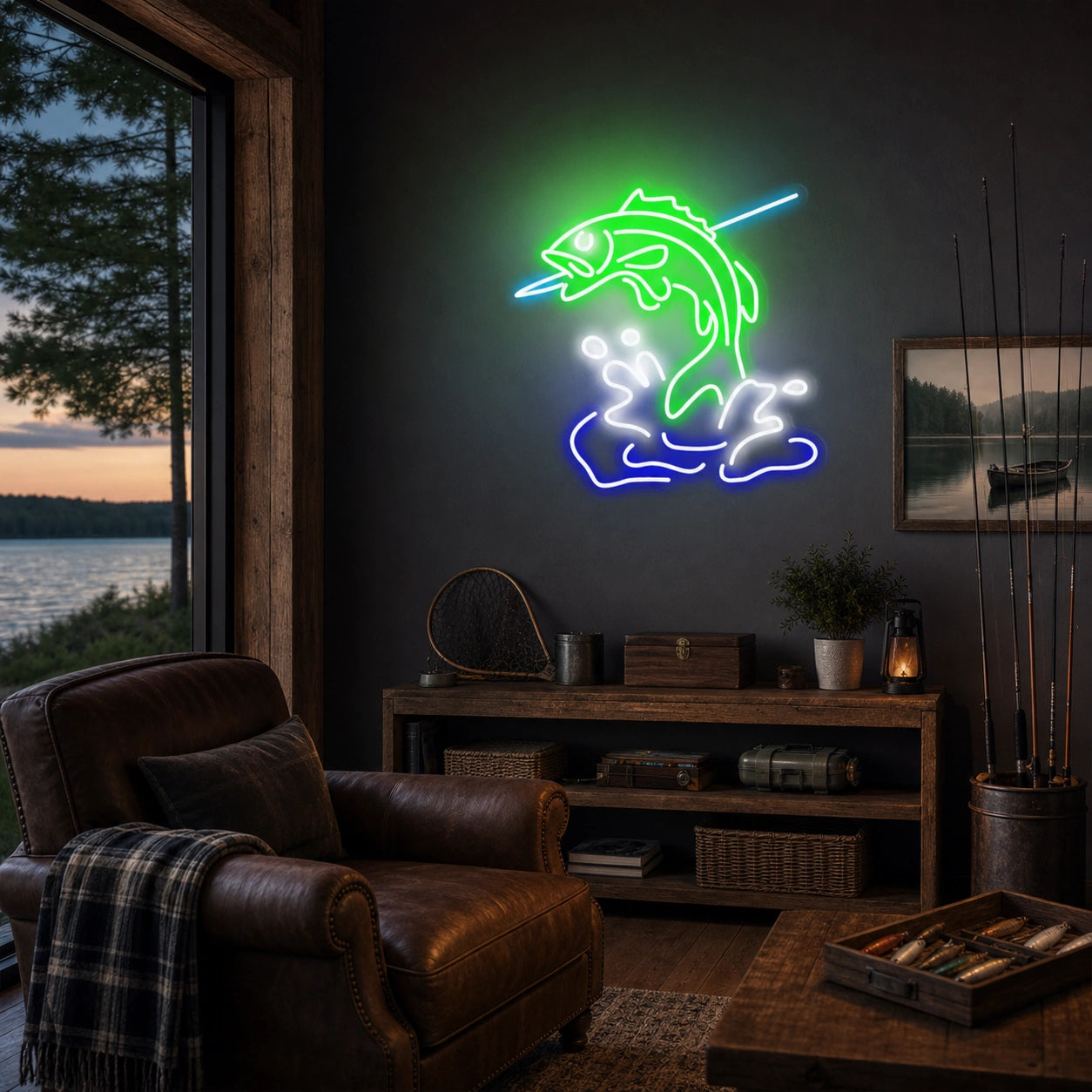 Leaping Bass Fish Over Splashing Water LED Neon Sign Home Garage Wall Decoration real lifestyle scene