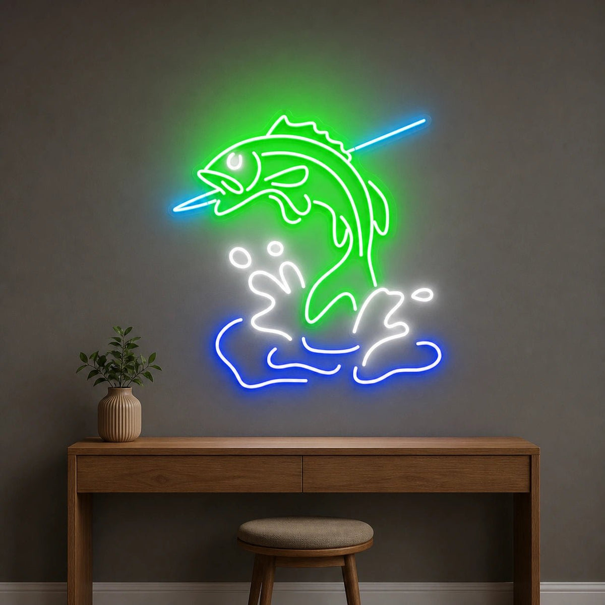Leaping Bass Fish Over Splashing Water LED Neon Sign Man Cave Neon Sign - Shineneon