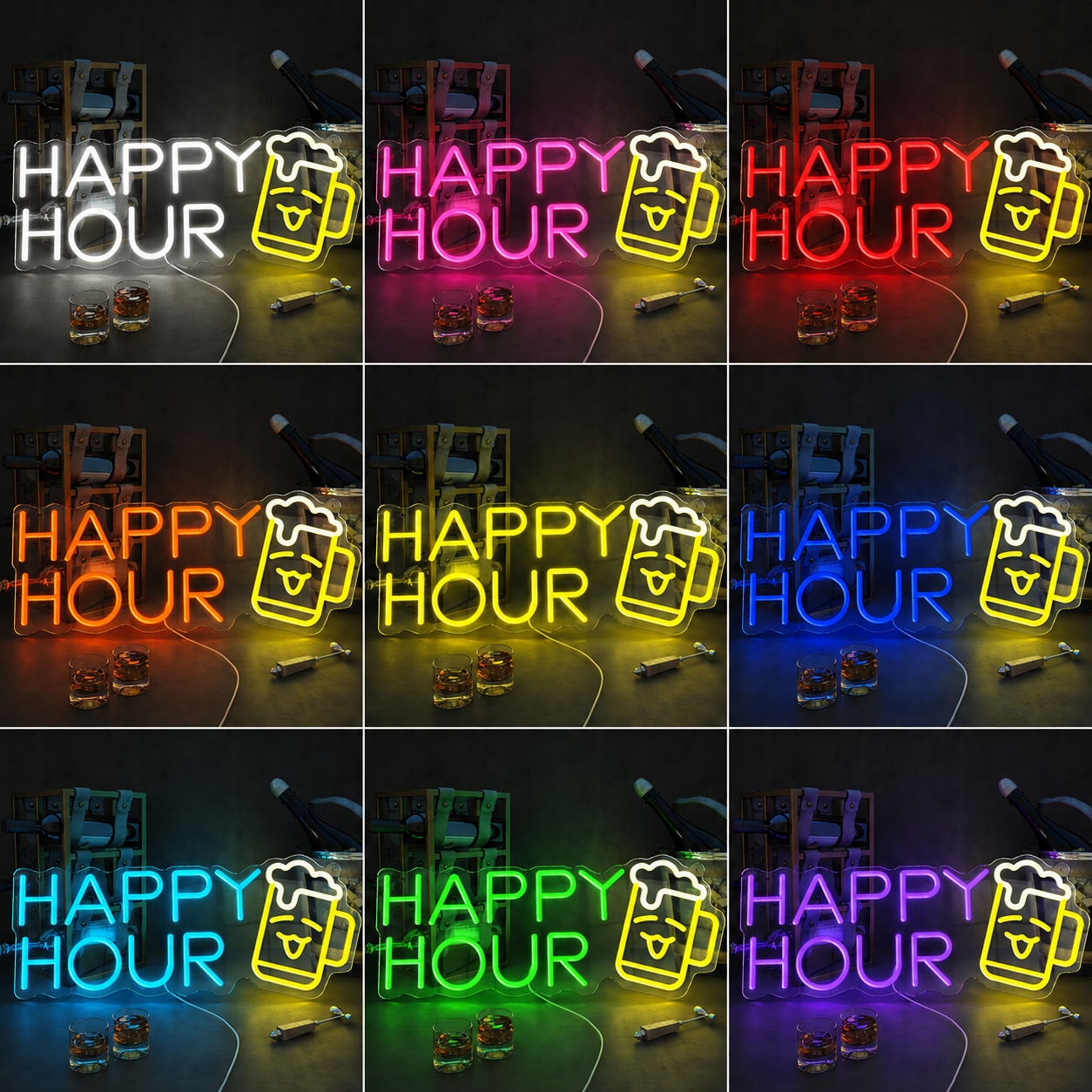LED Neon Happy Hour Bi Re Sign LED Neon Sign color grid