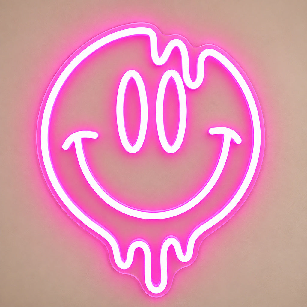Melting Smiley Face Pink LED Neon Sign solid background