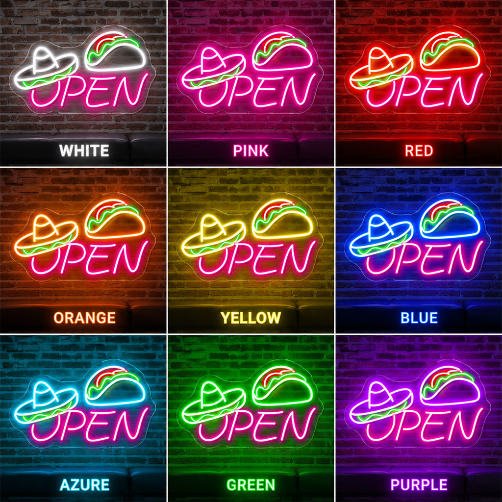 Taco Sombrero Open LED Neon Sign color grid