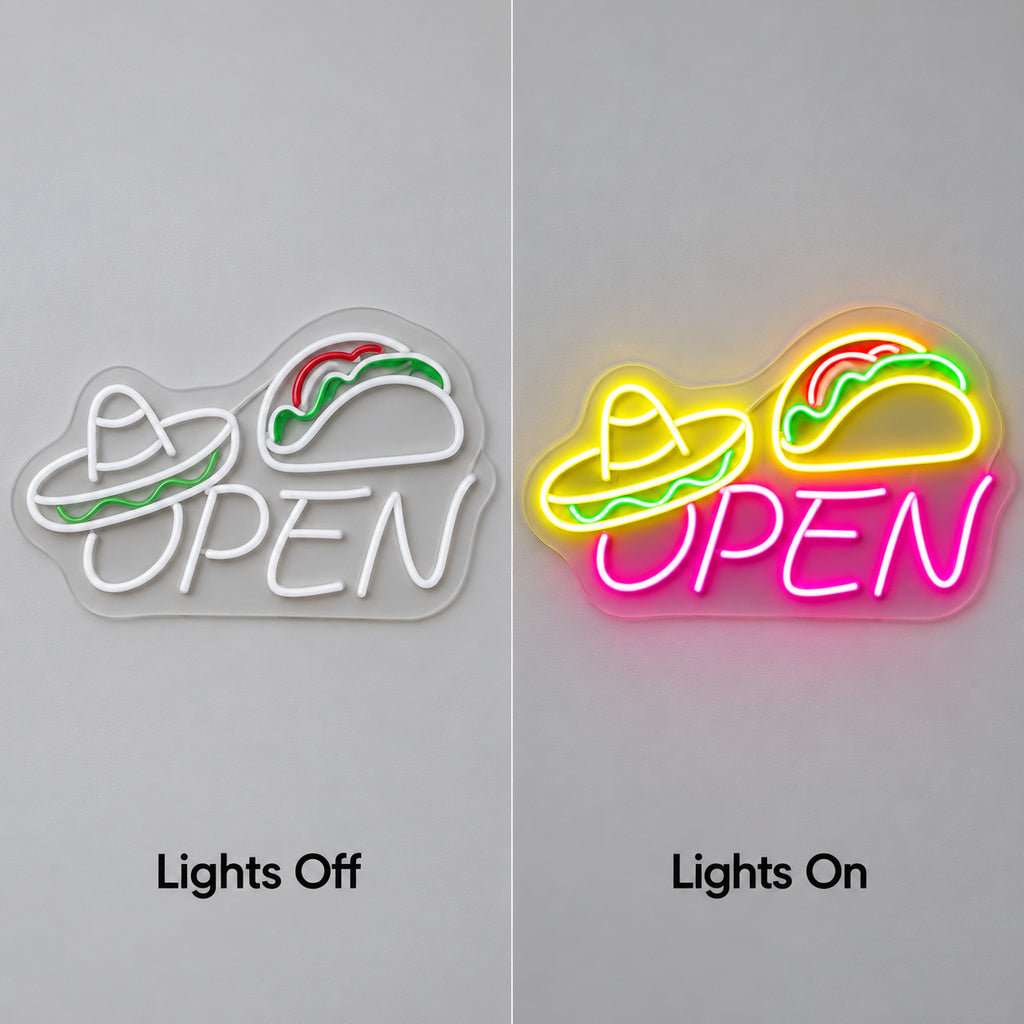 Taco Sombrero Open LED Neon Sign lights off/on