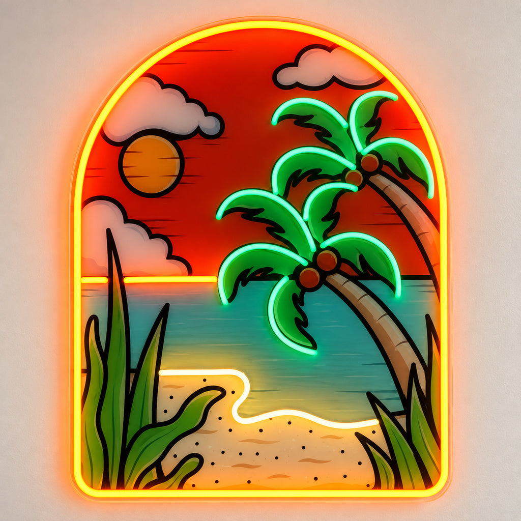 Tropical Beach Sunset LED Neon Sign solid background