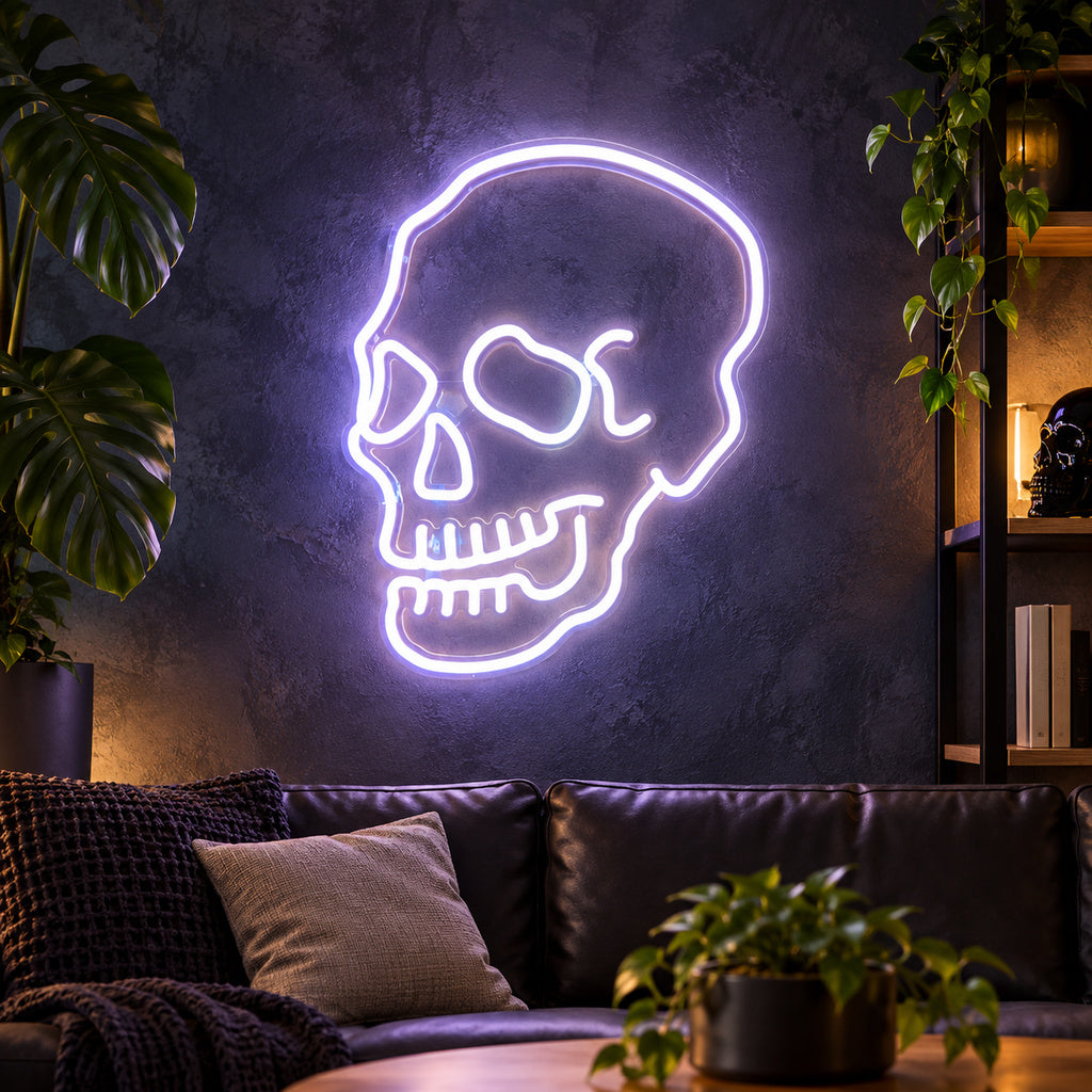 White Skull Outline LED Neon Sign lifestyle scene