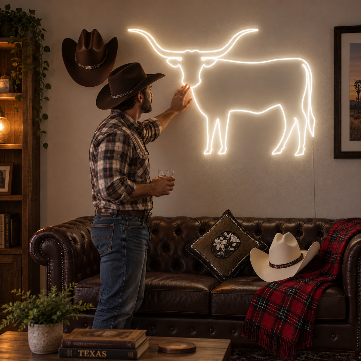 Longhorn Cattle Couch Cowboy Hat LED Neon Sign image 02