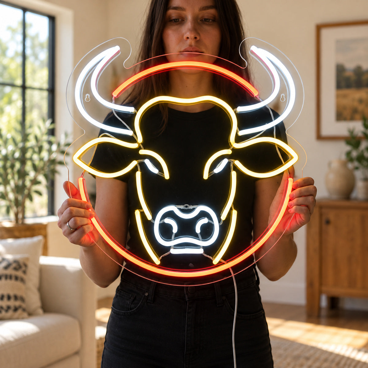 Round Frame Bull Head Vintage LED Neon Sign image 02