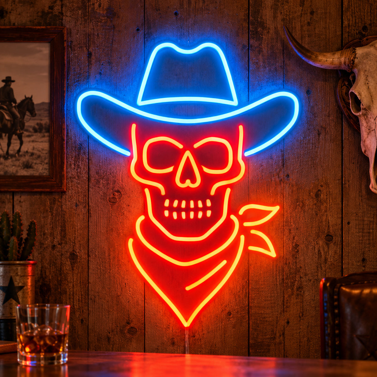Skeleton Cowboy Hat Scarf Vintage LED Neon Sign Garage Neon Sign image 01