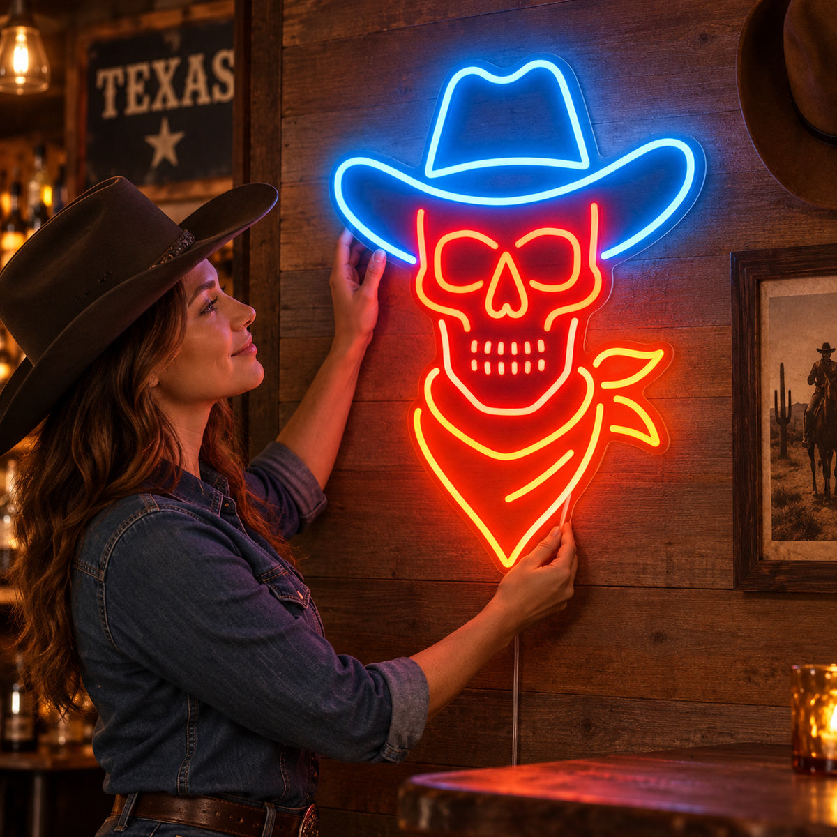 Skeleton Cowboy Hat Scarf Vintage LED Neon Sign Garage Neon Sign image 02