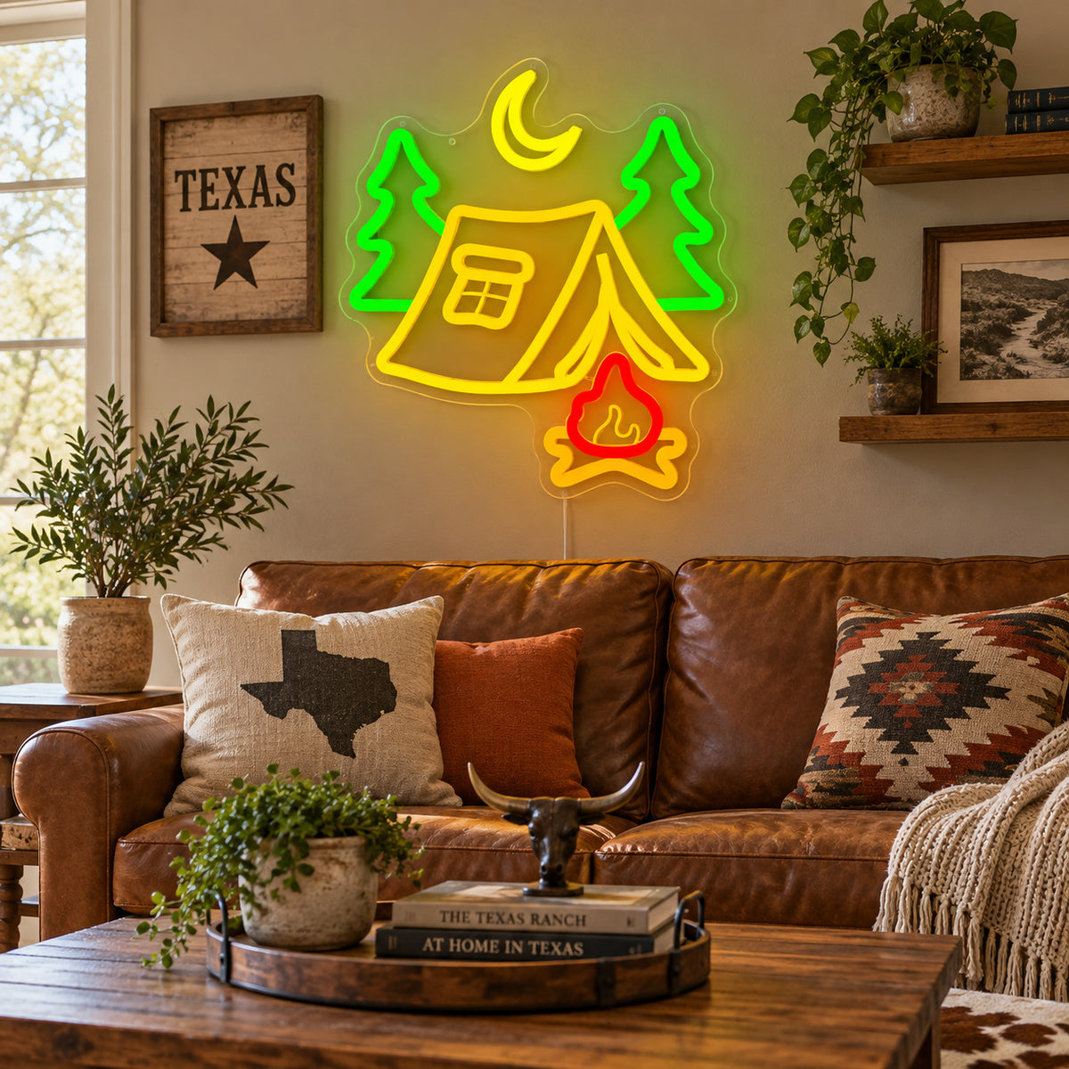 Tent Pine Trees Crescent Moon Campfire Vintage LED Neon Sign Garage Neon Sign image 03