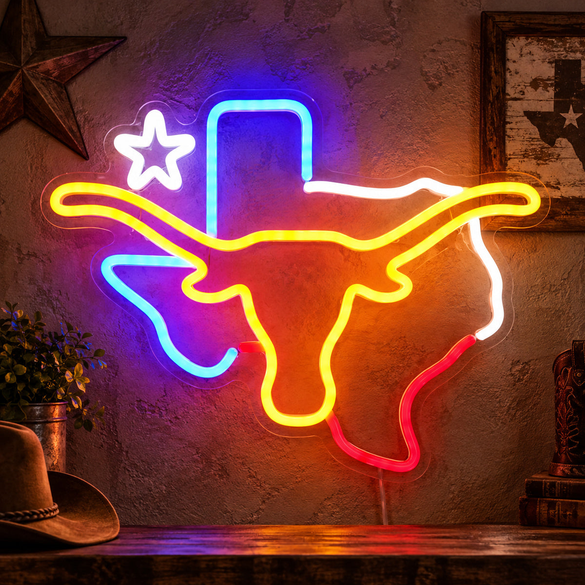 Texas Longhorn Lone Star Outline Vintage LED Neon Sign Garage Neon Sign image 01