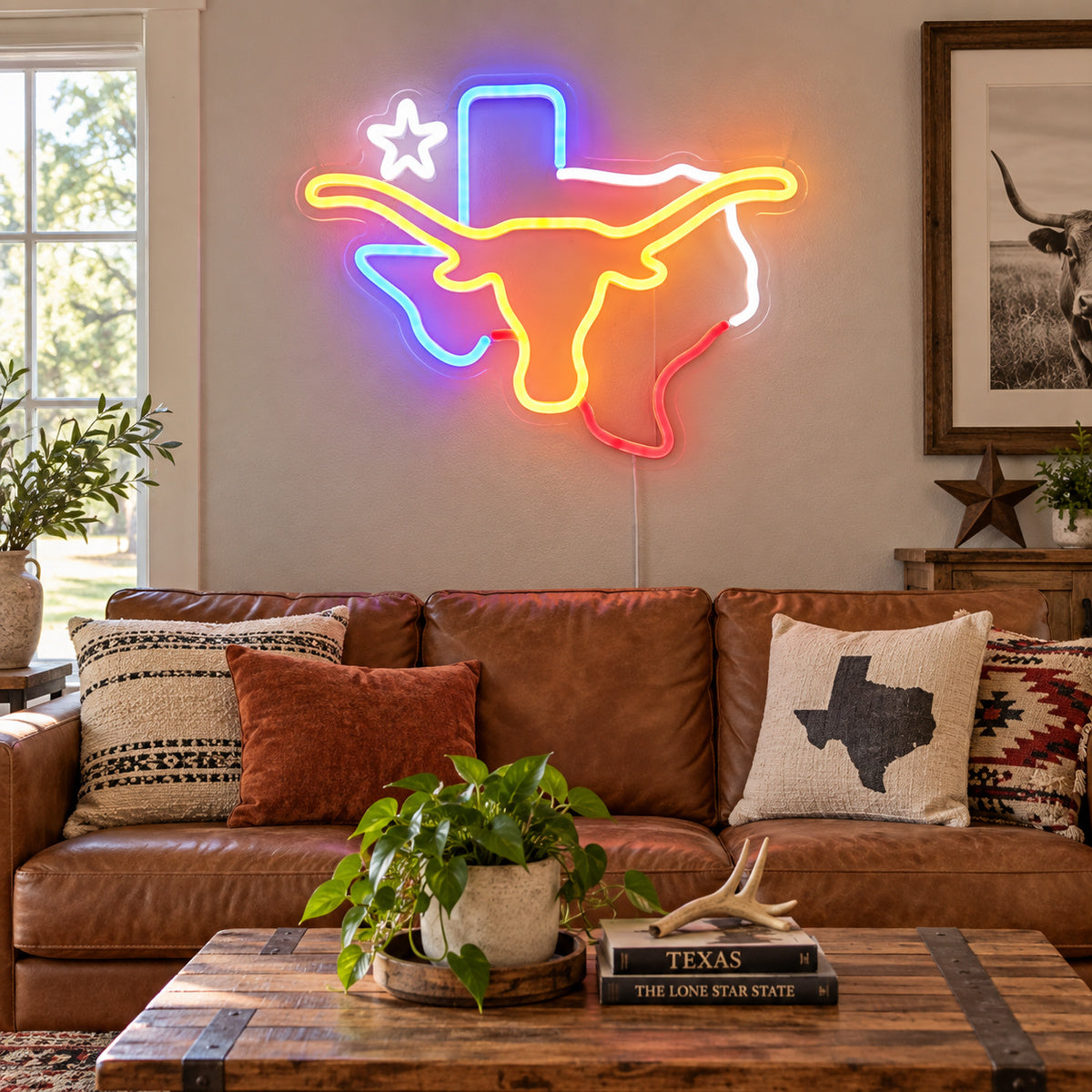 Texas Longhorn Lone Star Outline Vintage LED Neon Sign Garage Neon Sign image 03