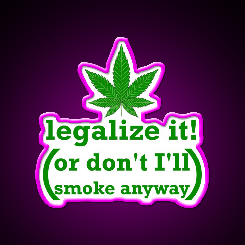 Legalize It Hemp Inspired Green Leaf Led Neon Sign Rgb Color - Neon sign mounted on wall in room