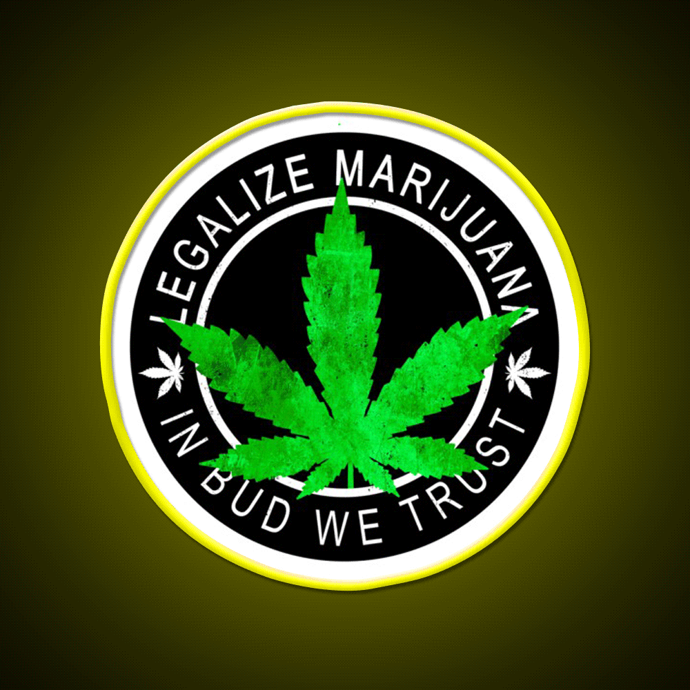 Legalize It Insignia In Bud We Trust Hemp Inspired Green Leaf Led Neon Sign Rgb Color - Custom LED neon sign front view