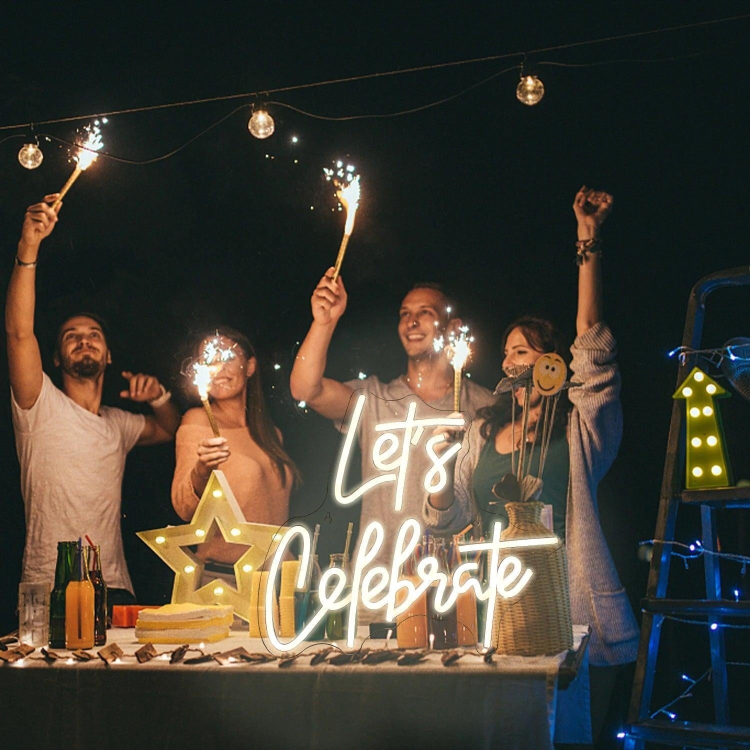 Lets Celebrate Led Neon Sign White Script Light Indoor Party Decor - Shineneon