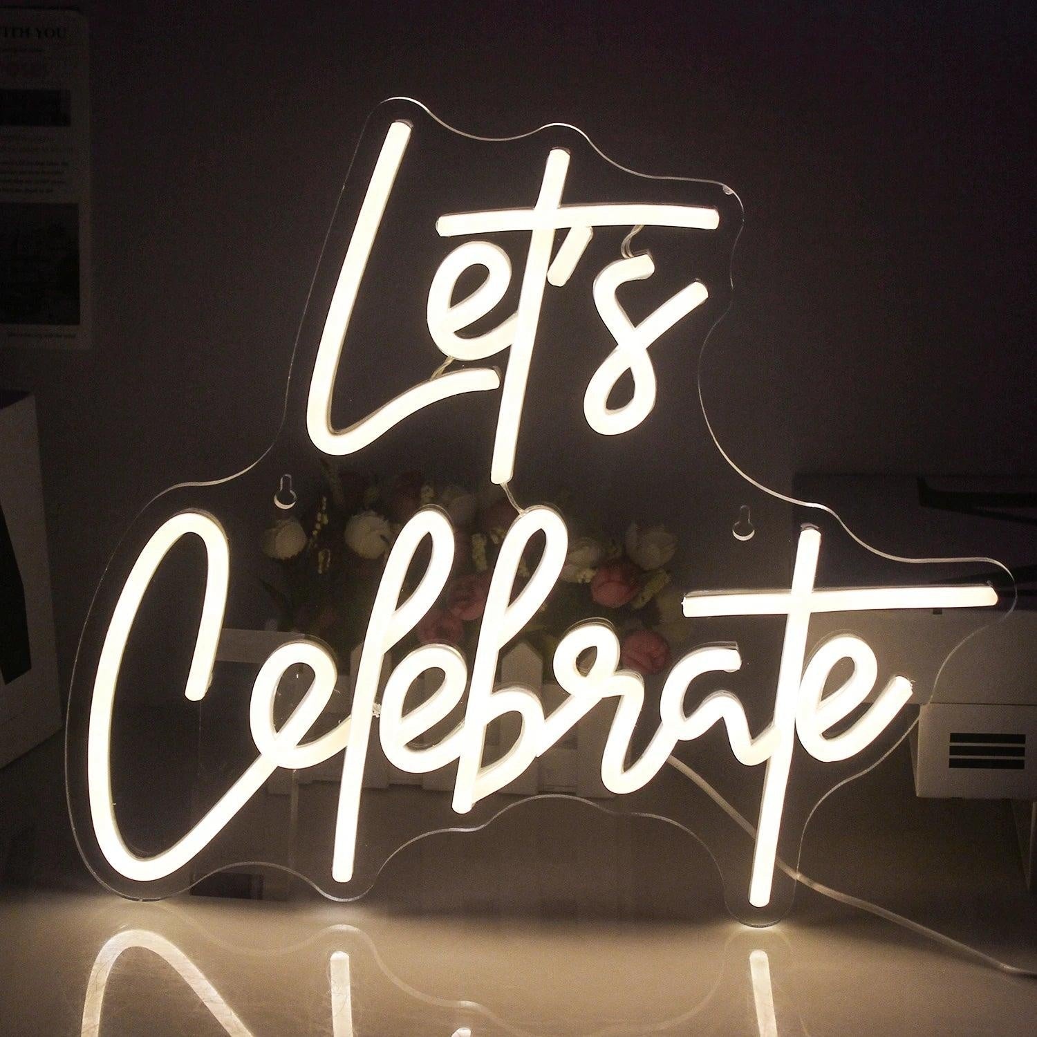 Lets Celebrate Led Neon Sign White Script Light Indoor Party Decor - Shineneon