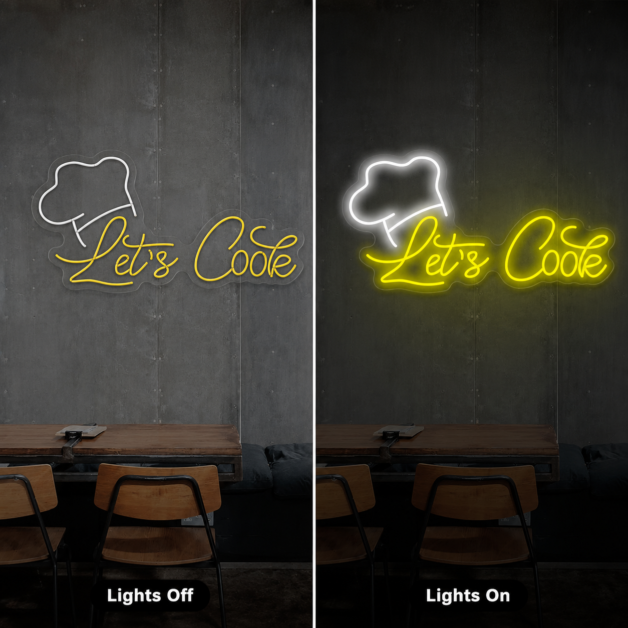 Let's Cook LED Neon Sign - 06 Day Night Comparison