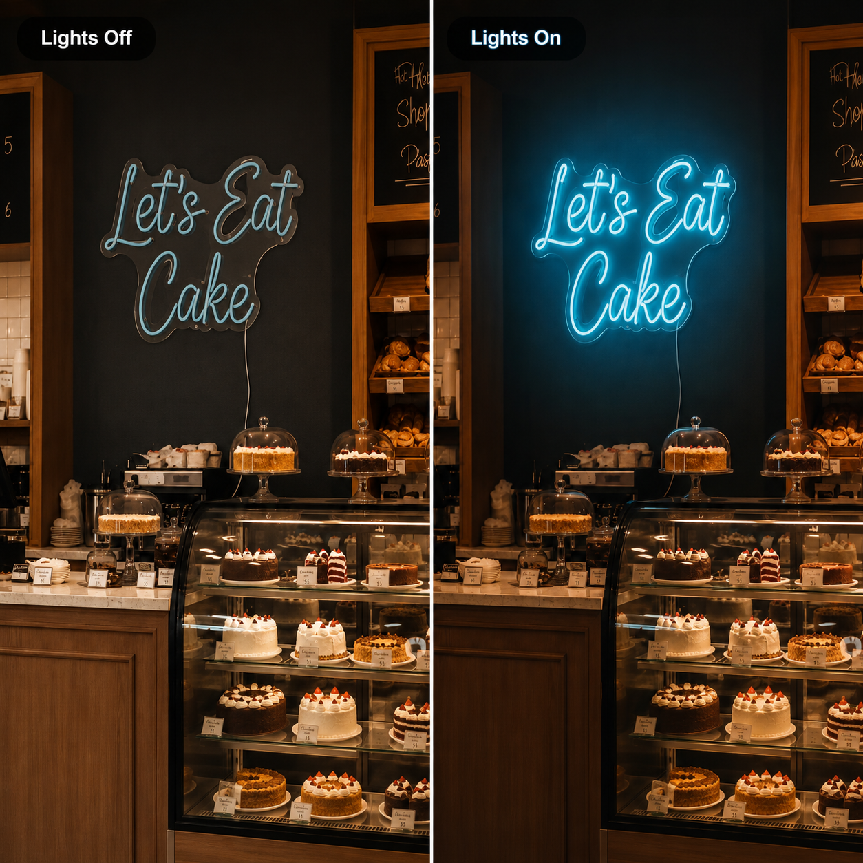 Let's Eat Cake LED Neon Sign - 06 Day Night Comparison