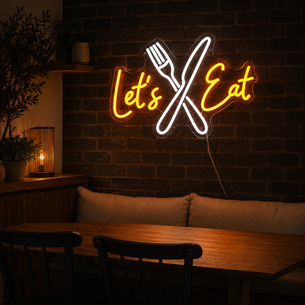 Lets Eat Crossed Fork Knife LED Neon Sign size image