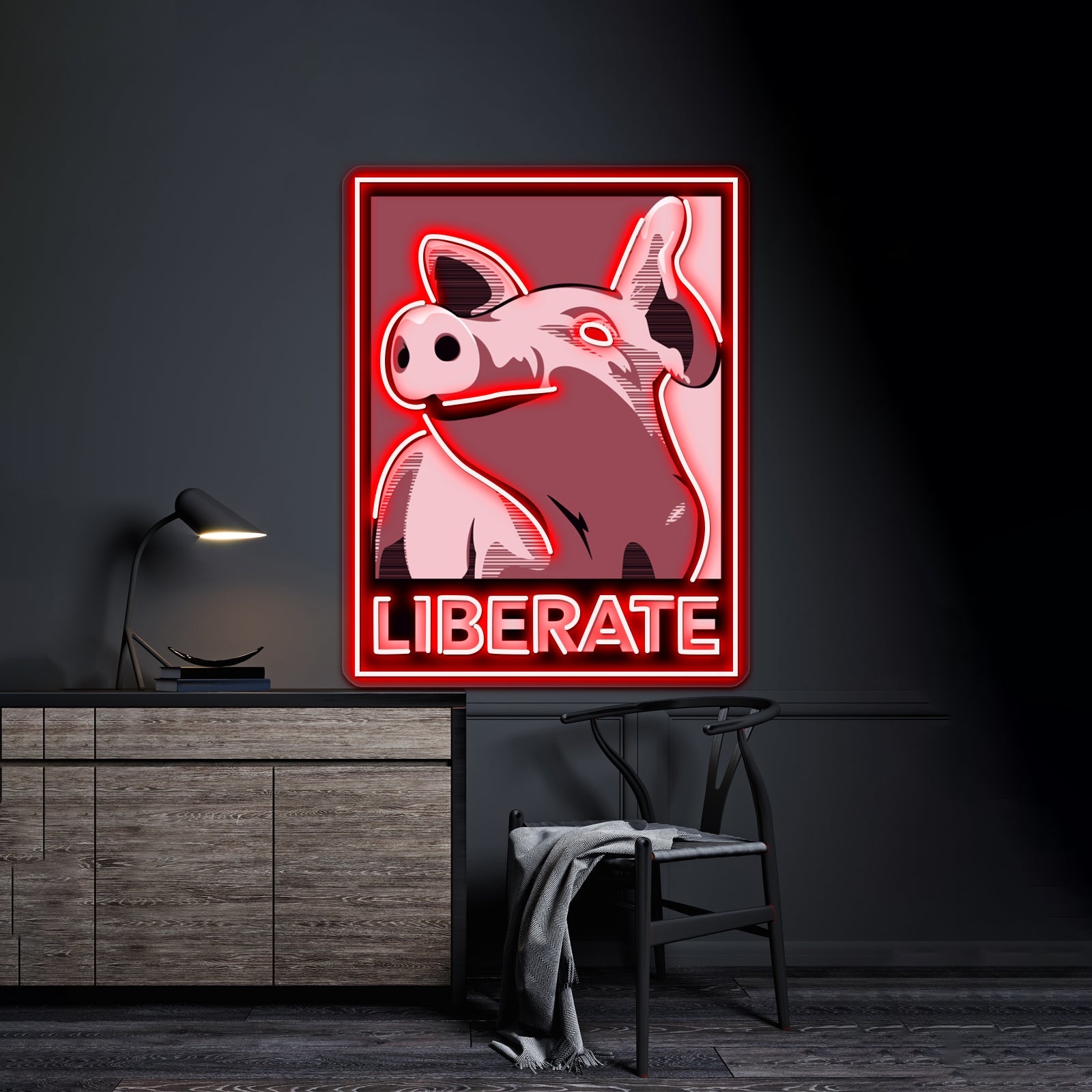 Liberate Pig Poster Style Rose Artwork Led Neon - Shineneon