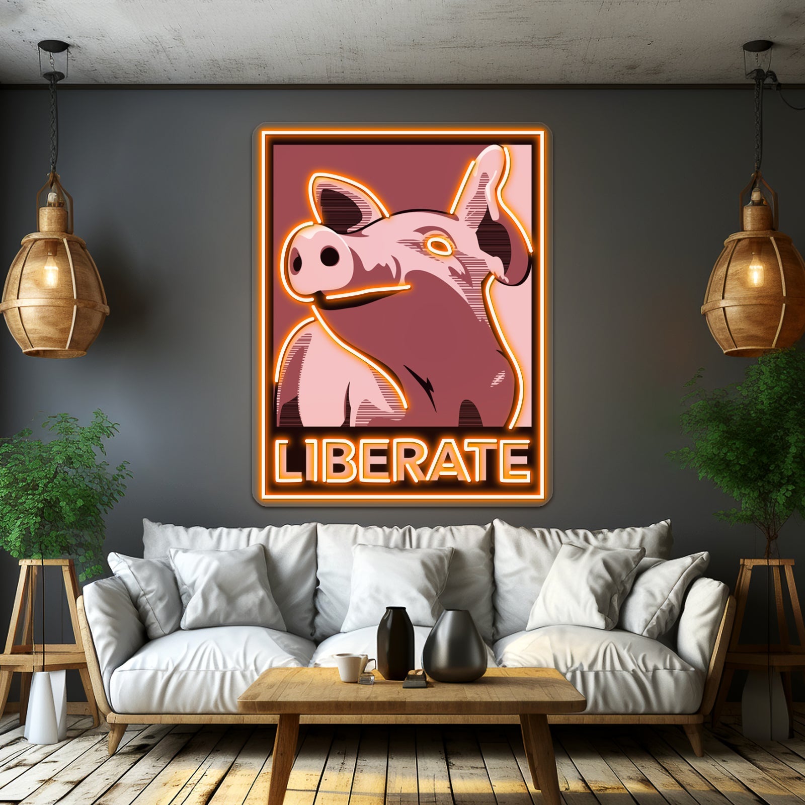 Liberate Pig Poster Style Rose Artwork Led Neon - Shineneon