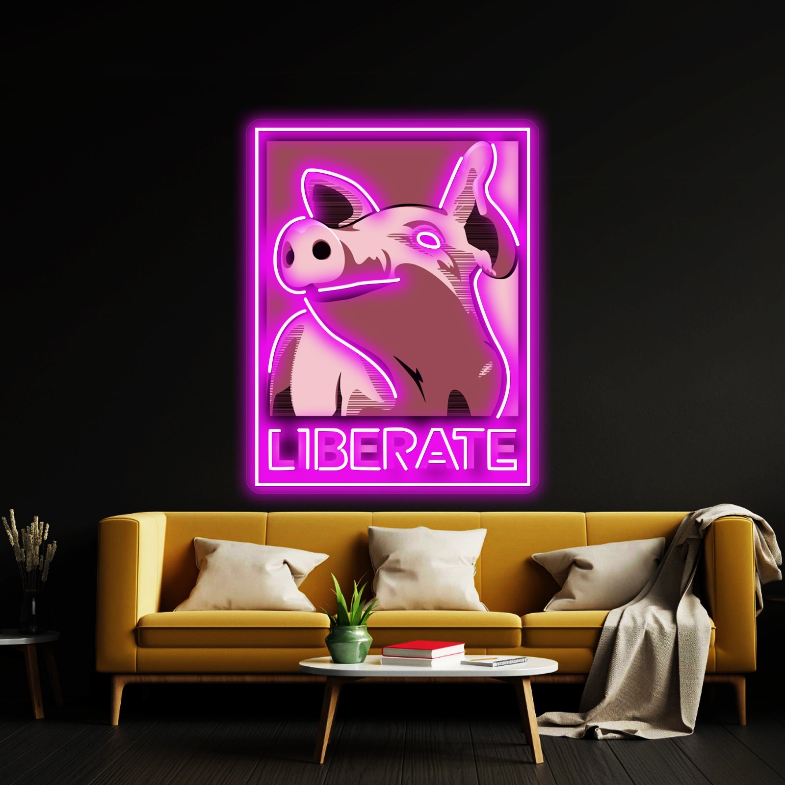 Liberate Pig Poster Style Rose Artwork Led Neon