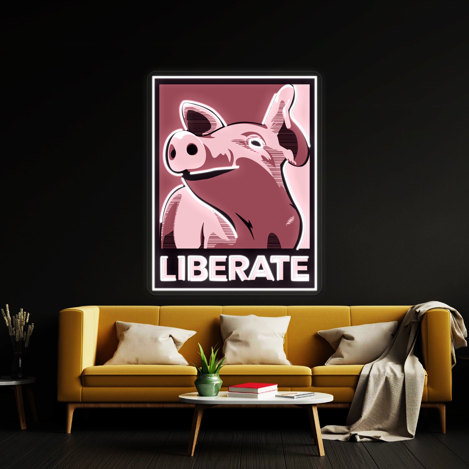 Liberate Pig Poster Style Rose Artwork Led Neon