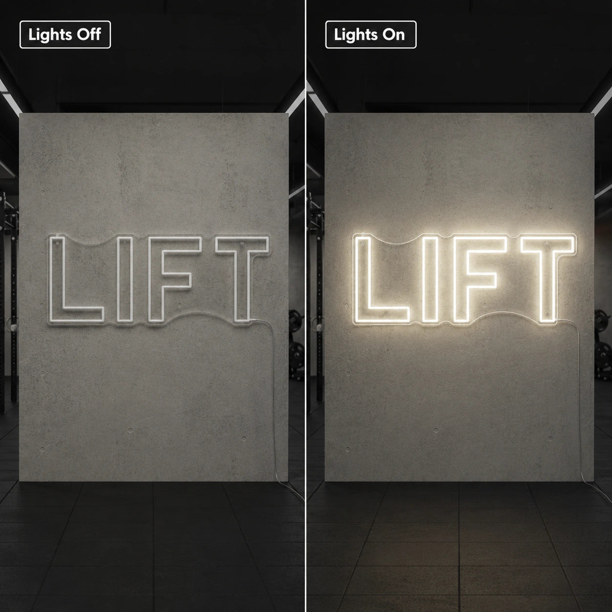 Lift Neon Sign Wall Art LED Neon Sign day and night comparison