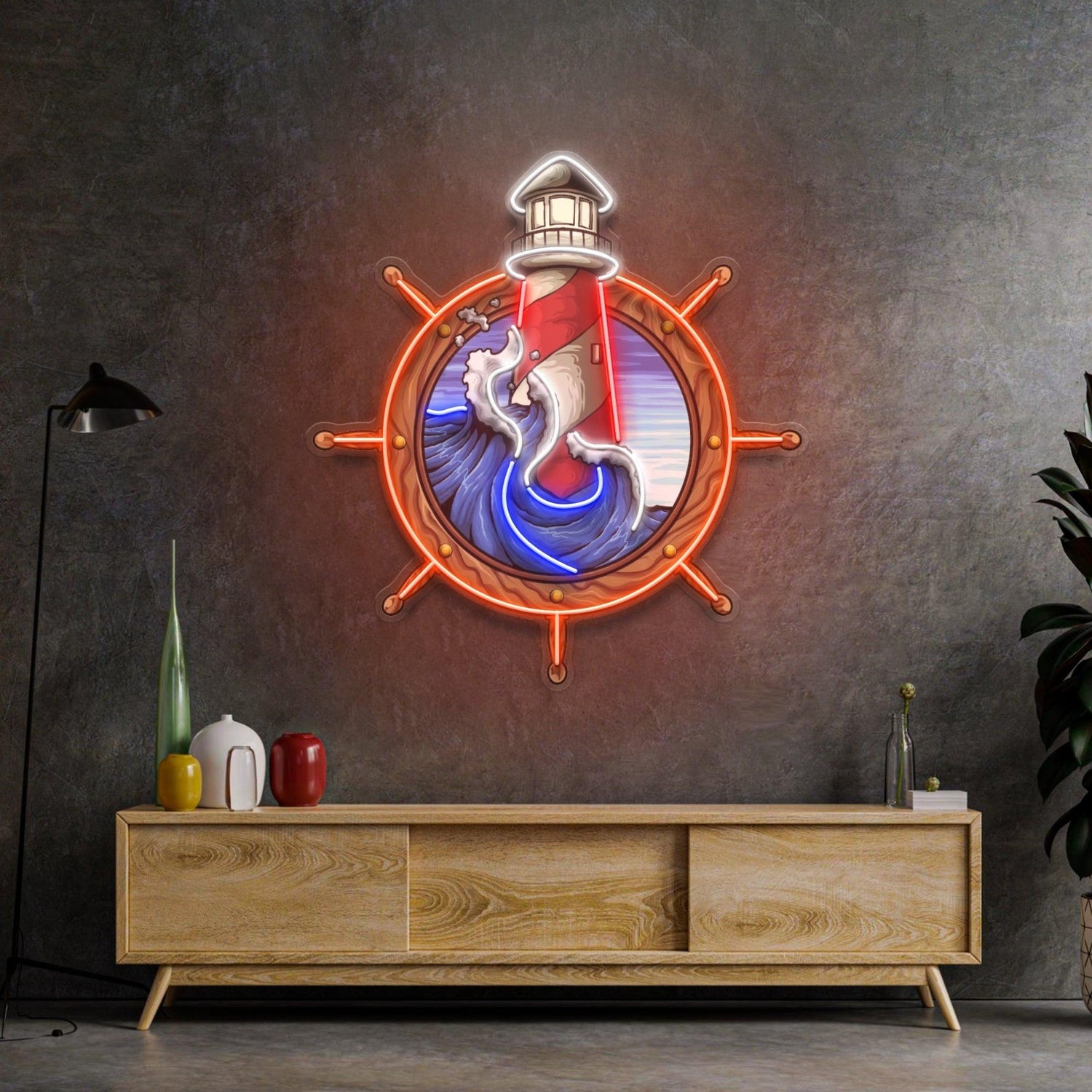 Lighthouse Anchor Waves Navy Blue Amber Uv Printed Led Neon Sign For Home Bar Decor | Shineneon