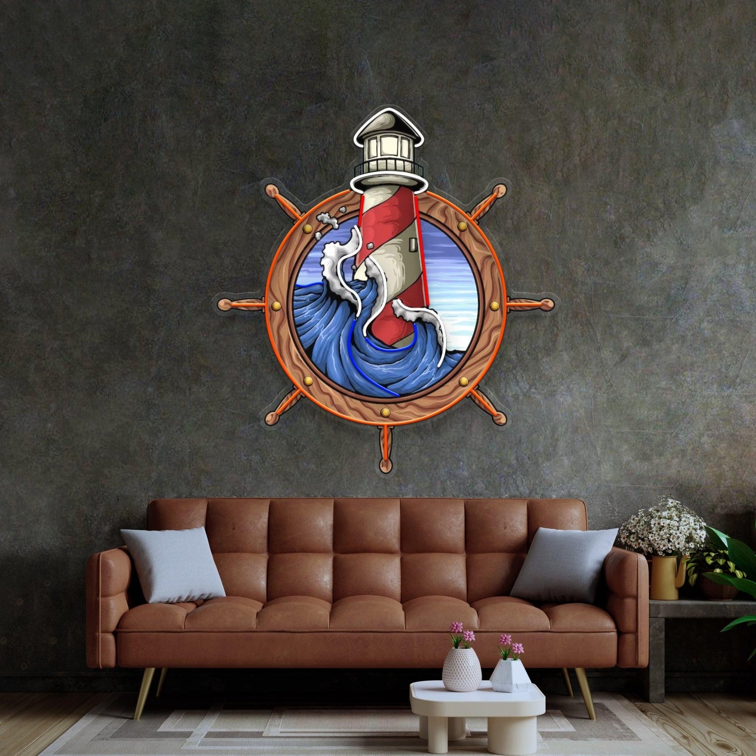 Lighthouse Anchor Waves Navy Blue Amber Uv Printed Led Neon Sign For Home Bar Decor | Shineneon