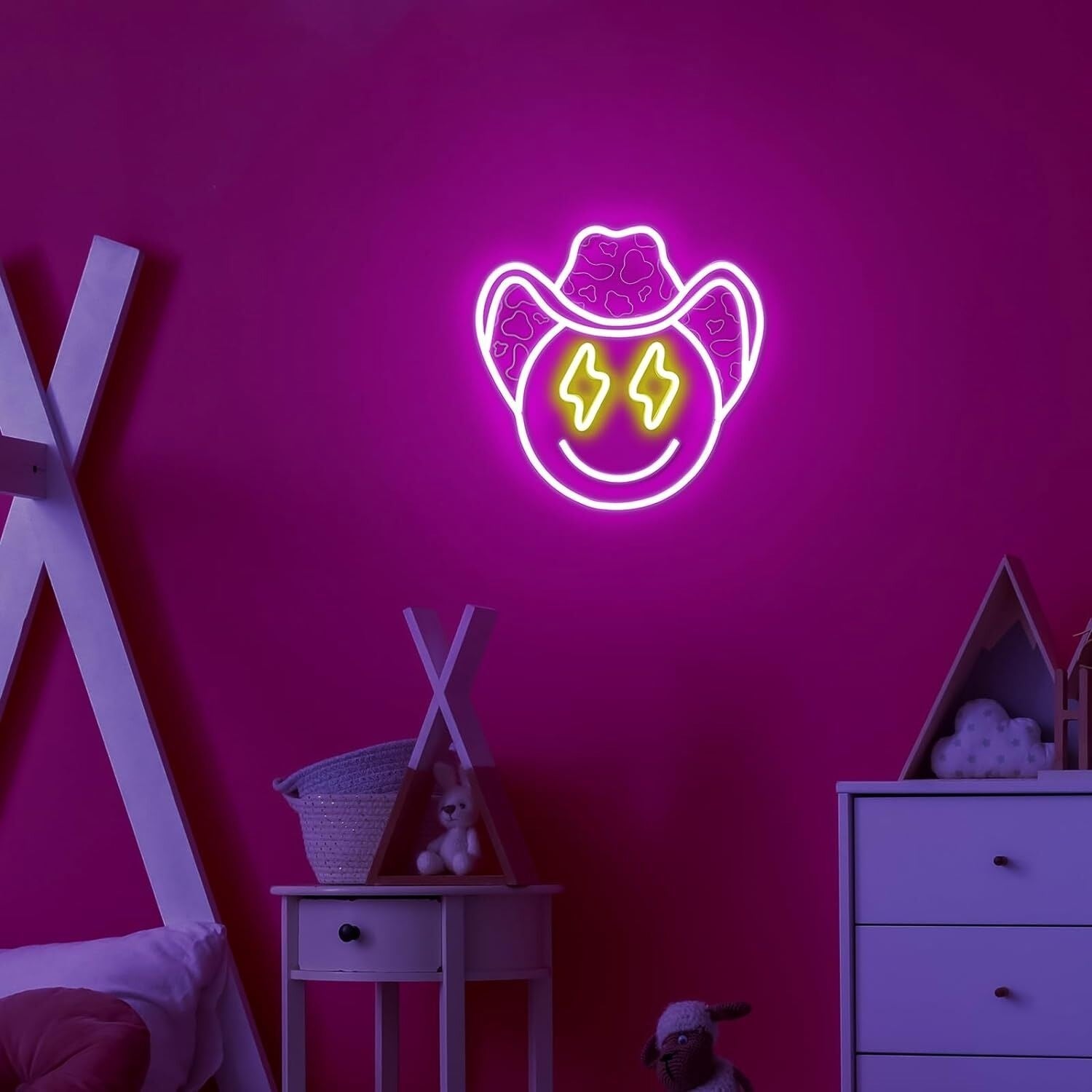 Lightning Eyes And Smiley Face Deep Pink Bedroom Led Neon Sign | Shineneon