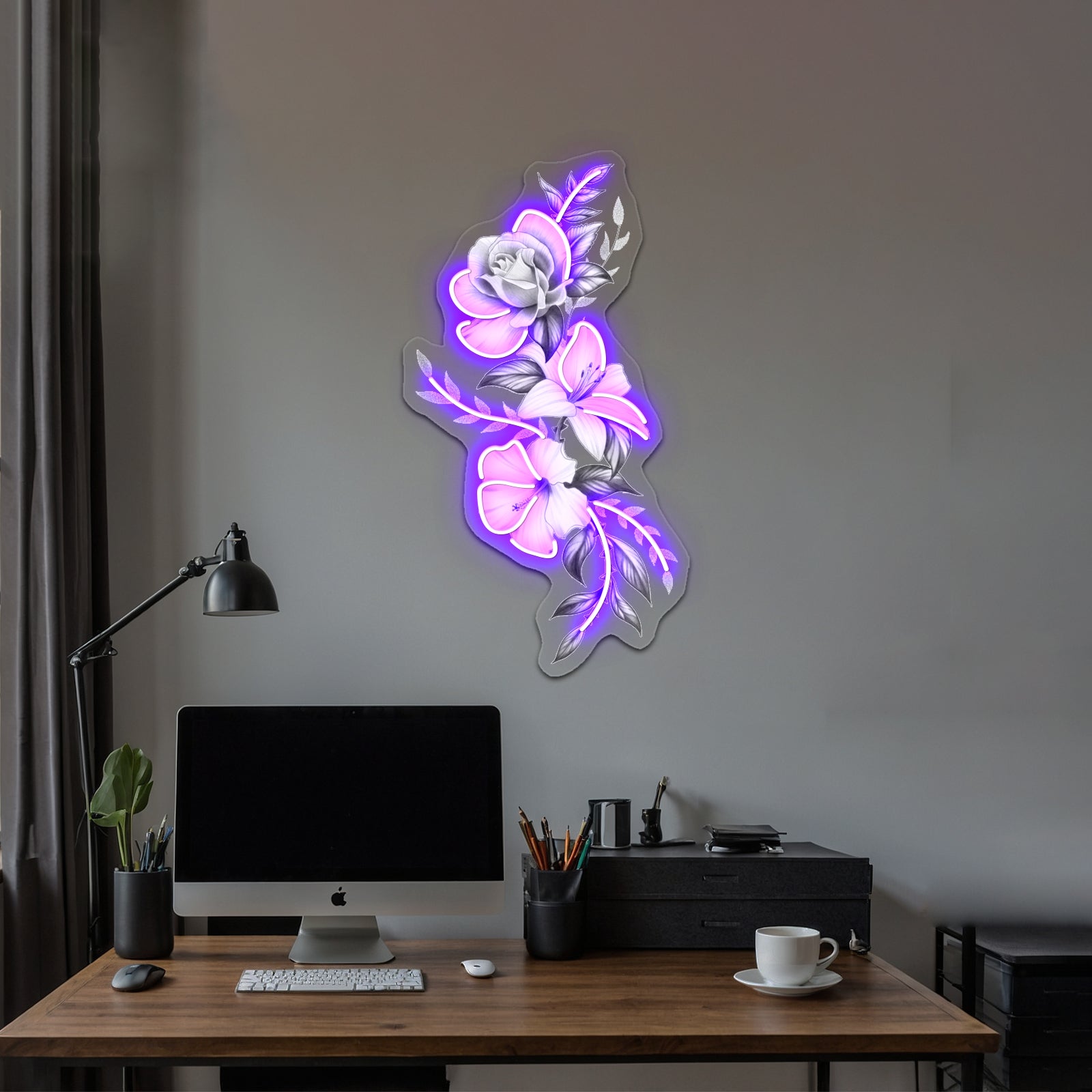 Lily Rose And Hibiscus Floral Tattoo Design Wall Artwork Neon Signs | Shineneon