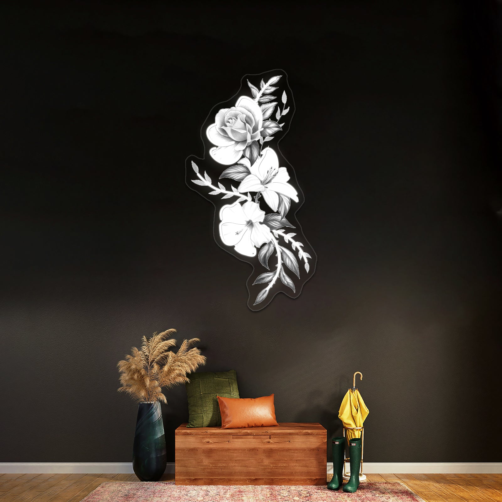 Lily Rose And Hibiscus Floral Tattoo Design Wall Artwork Neon Signs | Shineneon