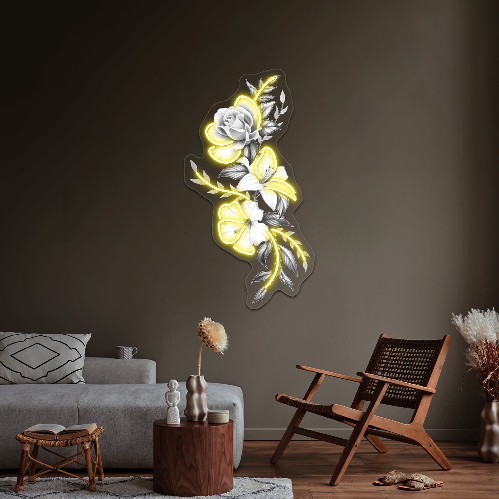 Lily Rose And Hibiscus Floral Tattoo Design Wall Artwork Neon Signs | Shineneon