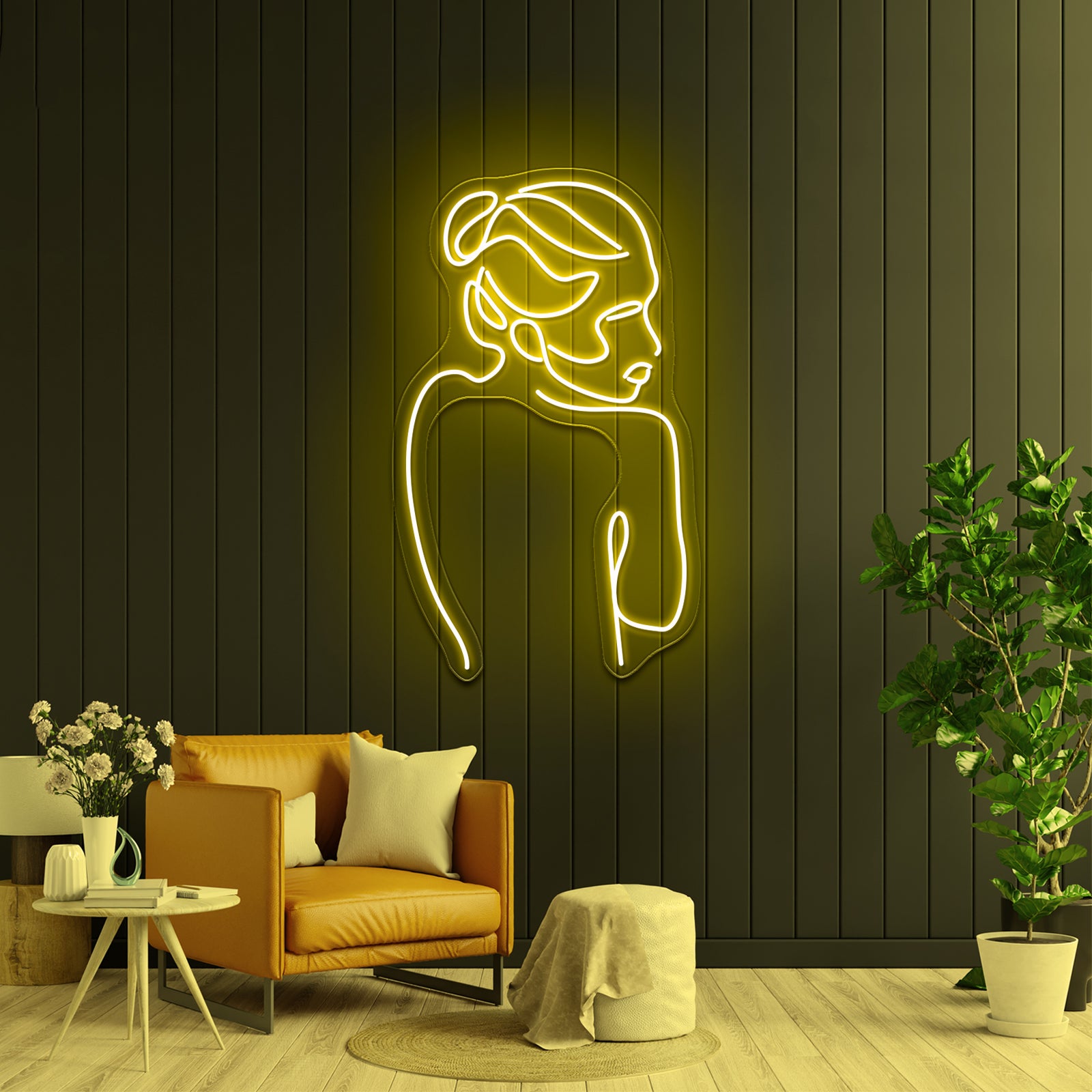 Line Art Woman With Branch With Leaves Drawing Woman Wall Artwork Neon Signs | Shineneon