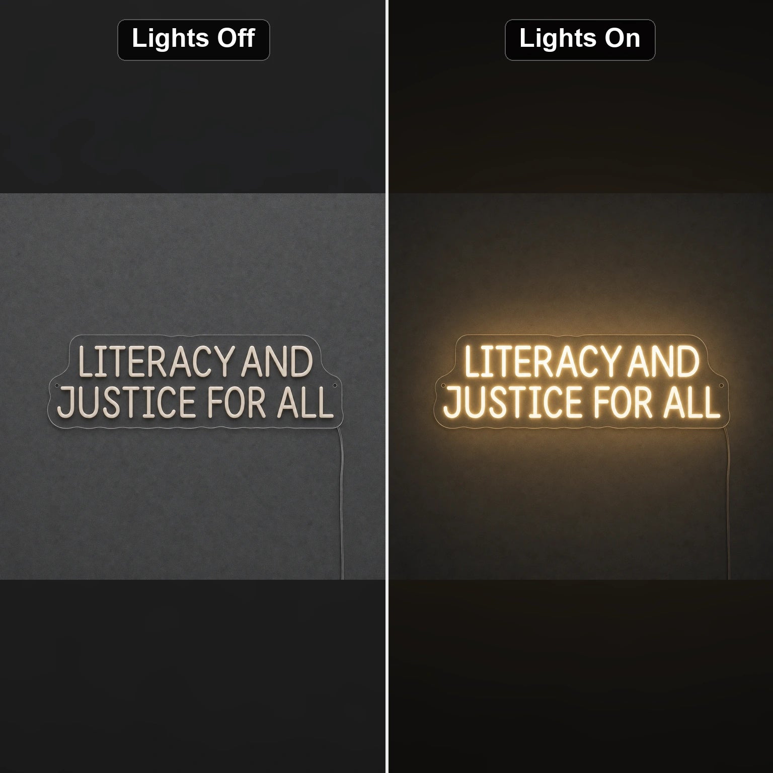 Literracy And Justice For All LED Neon Sign day and night comparison