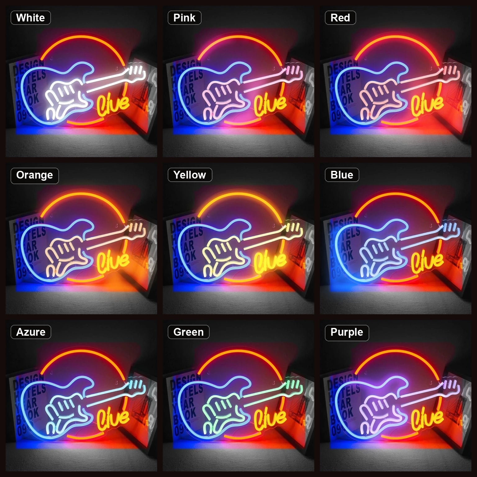 Live Guitar Circle LED Neon Sign Garage Neon Sign color grid