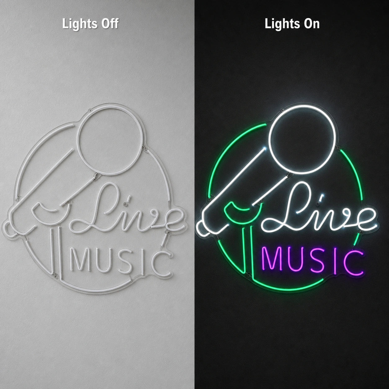 Live Music Business Wall Art LED Neon Sign Garage Neon Sign day and night comparison