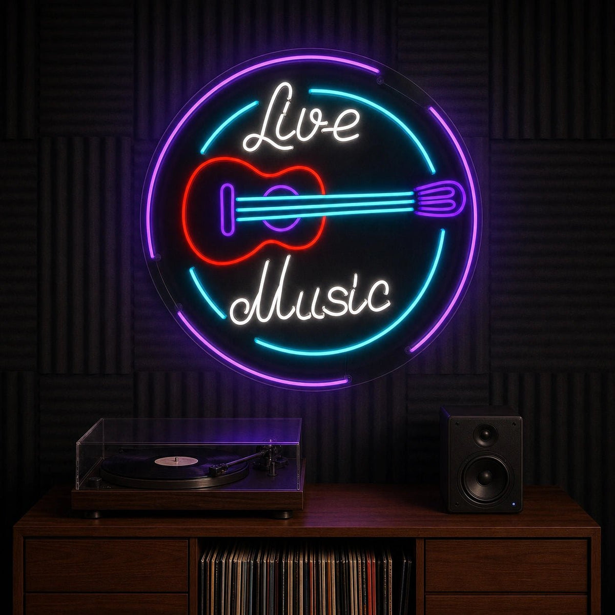 Live Music Guitar Circle LED Neon Sign - Shineneon