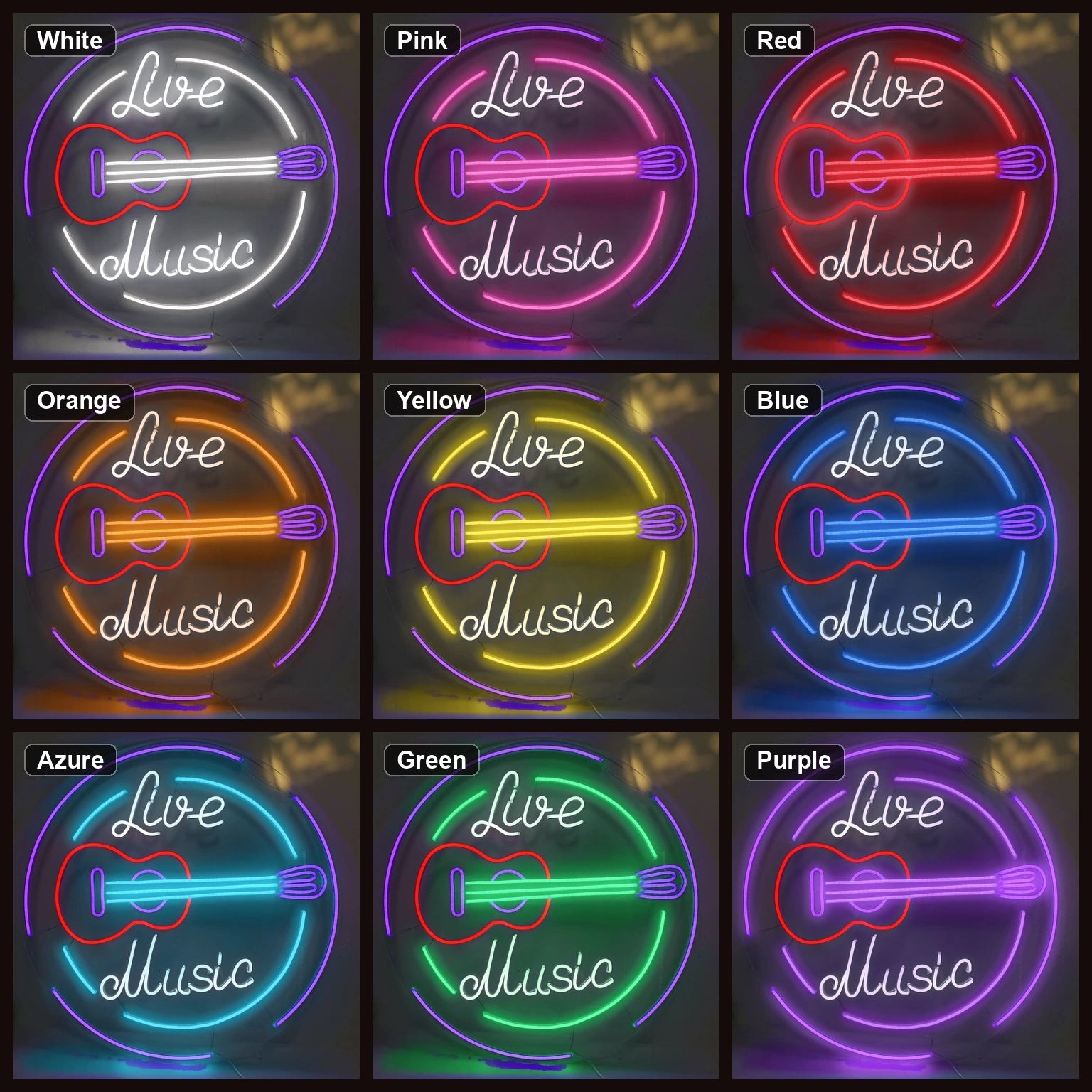 Live Music Guitar Circle LED Neon Sign Home Garage Wall Decoration color grid