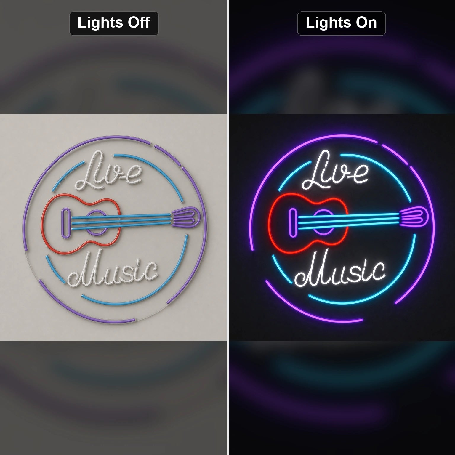 Live Music Guitar Circle LED Neon Sign Man Cave Neon Sign day and night comparison