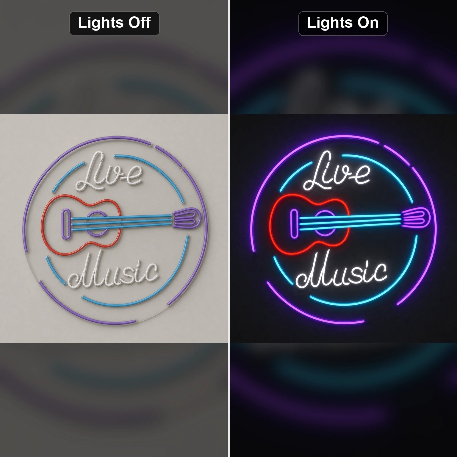 Live Music Guitar Circle LED Neon Sign Man Cave Neon Sign - Shineneon